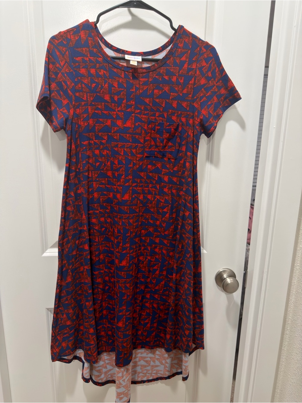 LuLaRoe High Low Dress in Navy and Red Geometric Print